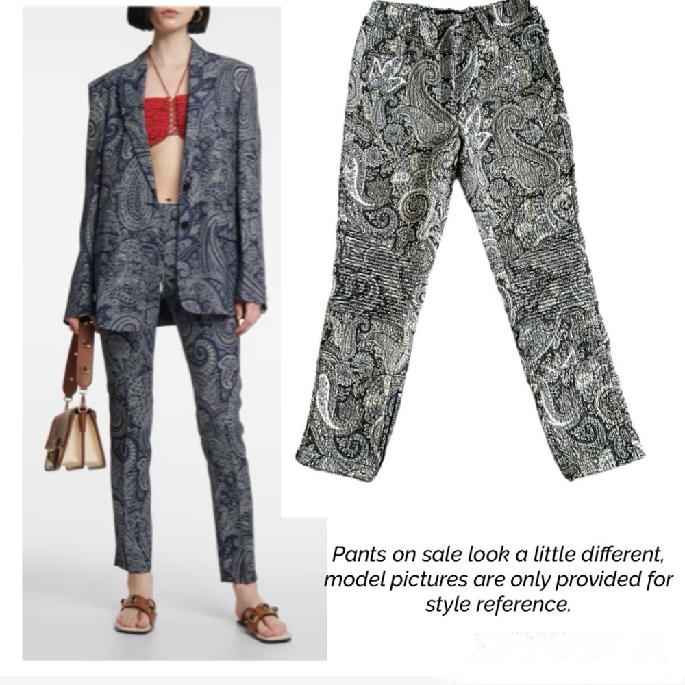 Etro Pants Paisley Print Quilted Moto Ankle Zip Straight Leg High Rise Novelty